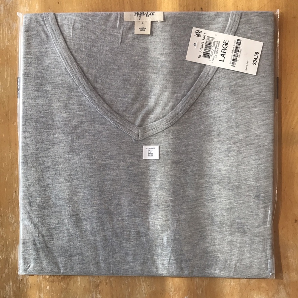 STYLE & CO GRAY COTTON/MODAL TIE-FRONT V-NECK T-SHIRT, LARGE SHORT SLEEVE TOP - Picture 4 of 6